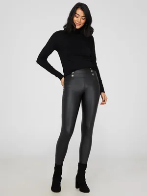 Faux Leather Wide Waistband Leggings With Button Details, Black /