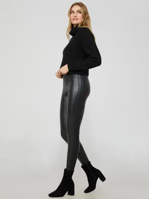 Faux Leather Leggings With Lace Side Trim, Black /