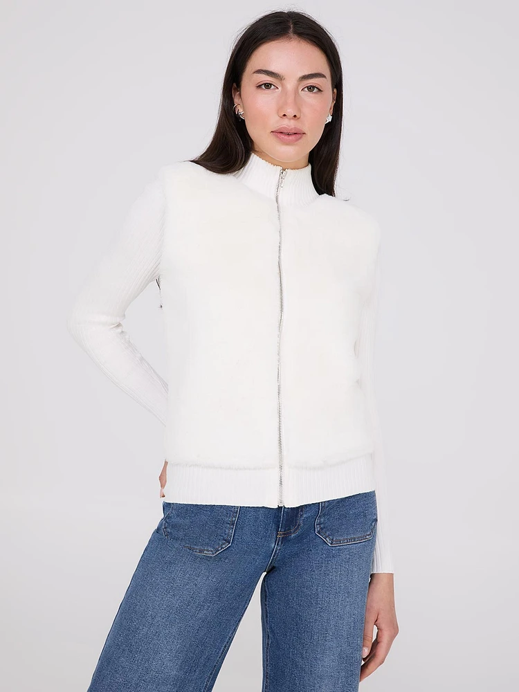 Zip-Front Faux Fur Sweater