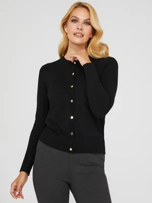 Button-Front Crew Neck Cardigan With Ribbed Details, /