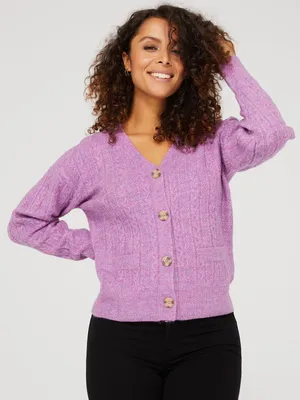 V-Neck Cable-Knit Cardigan With Pockets, /