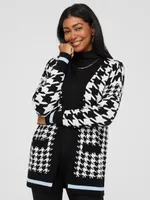 Houndstooth Open Cardigan With Blue Stripe, Black /