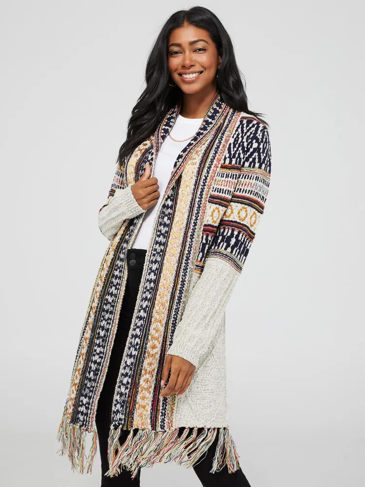 Long Sleeve Duster With Fringe Bottom, Grey /