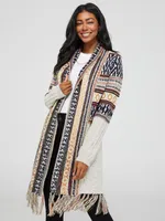 Long Sleeve Duster With Fringe Bottom, Grey /