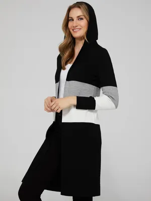 Ribbed Stripe Colourblock Open Duster With Hood, Black /