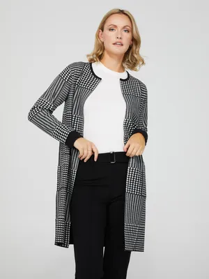 Houndstooth Coatigan With Patch Pockets, /