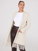 Shawl Collar Duster With Fringe Hem