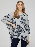 Printed 3/4 Dolman Sleeve Top With Handkerchief Hem, Grey /