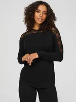 Dolman Sleeve Crew Neck Top With Sheer Lace Details, /