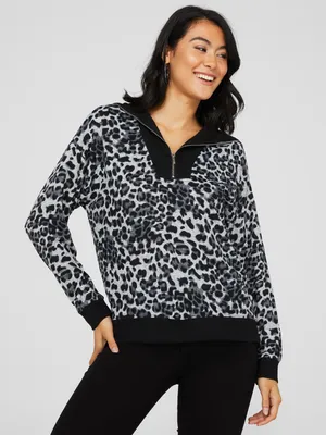 Animal Print Half Zip Sweater, Black /