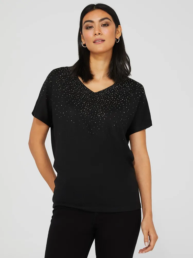 Studded Short Sleeve V-Neck Top, Black /