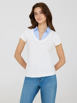 Poplin Collar Ribbed V-Neck Top
