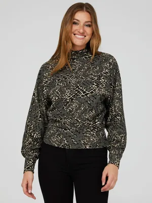 Jacquard Mock Neck Top With Balloon Sleeves, The Buff /