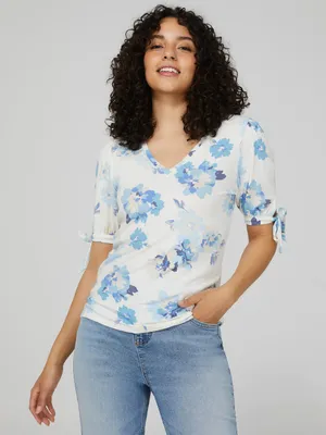Printed Puff Sleeve V-Neck Top, Pearl /