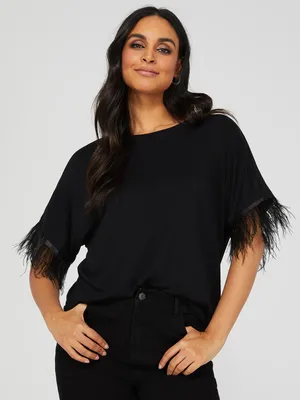 Relaxed T-Shirt With Feather Sleeve Detail, Black /