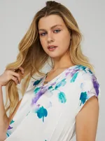 Printed Satin Front Top With Metal Bar Detail, Pearl /