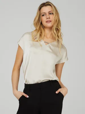 Satin Front Top With Metal Bar Detail, Oatmeal /