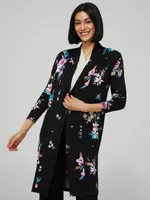 Floral Print Long Open Duster, Black /