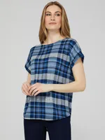 Plaid Cuffed Dolman Sleeve T-Shirt With Rounded Hem, Provence Blue /