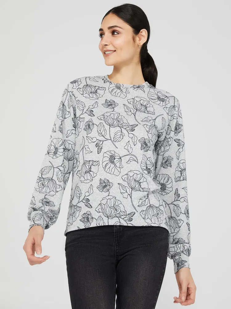 Floral Print Long Sleeve Crew Neck Top, Grey /