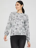 Floral Print Long Sleeve Crew Neck Top, Grey /