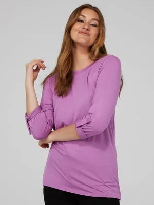 3/4 Rolled Sleeve Round Neck Top, /