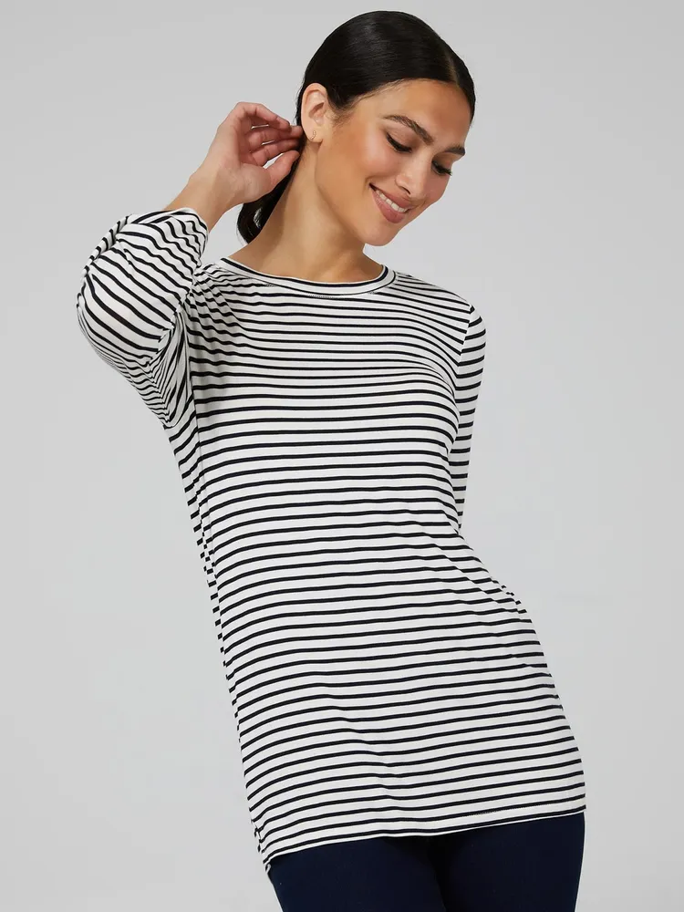 Striped 3/4 Rolled Sleeve Round Neck Top, Darkness /