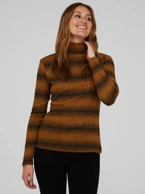 Ombre Striped Turtleneck Ribbed Sweater, Beeswax /