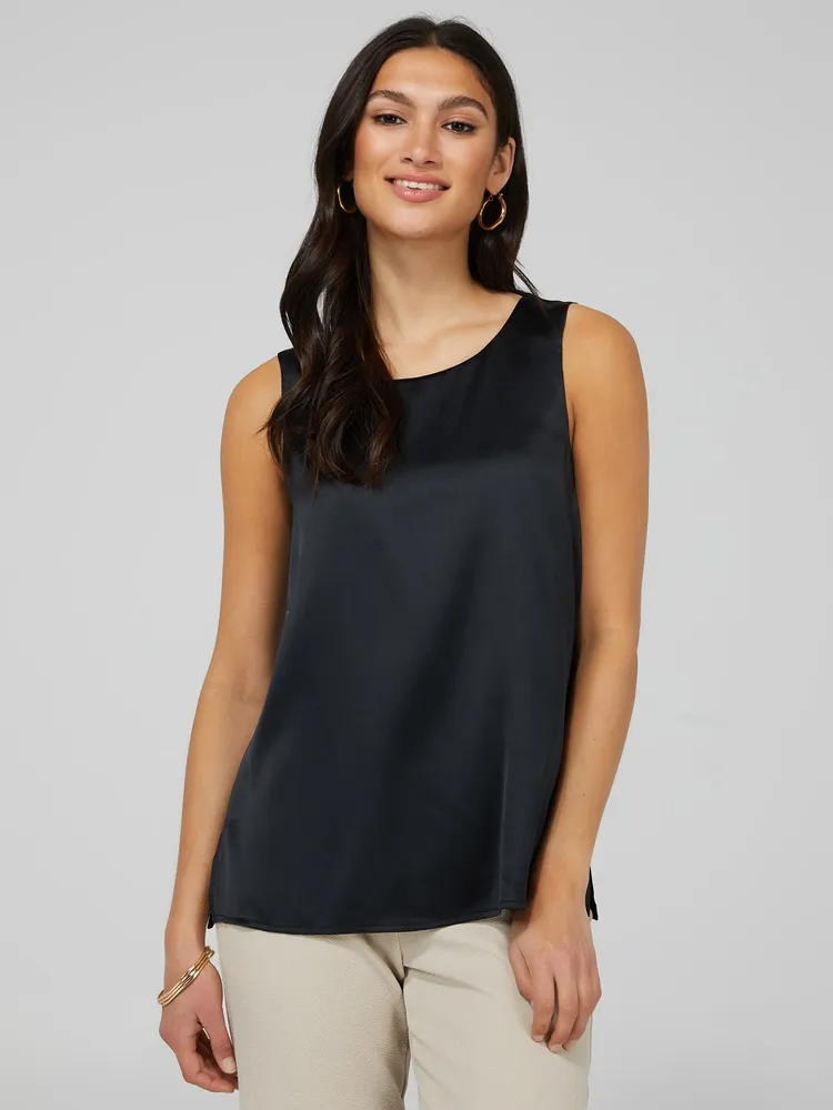 Sleeveless Satin Shell Top With Jersey Back, /