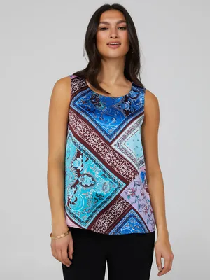 Printed Sleeveless Satin Shell Top With Jersey Back, Purple /