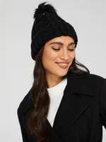 Metallic Beanie With Faux Fur Pom Pom, / o/s