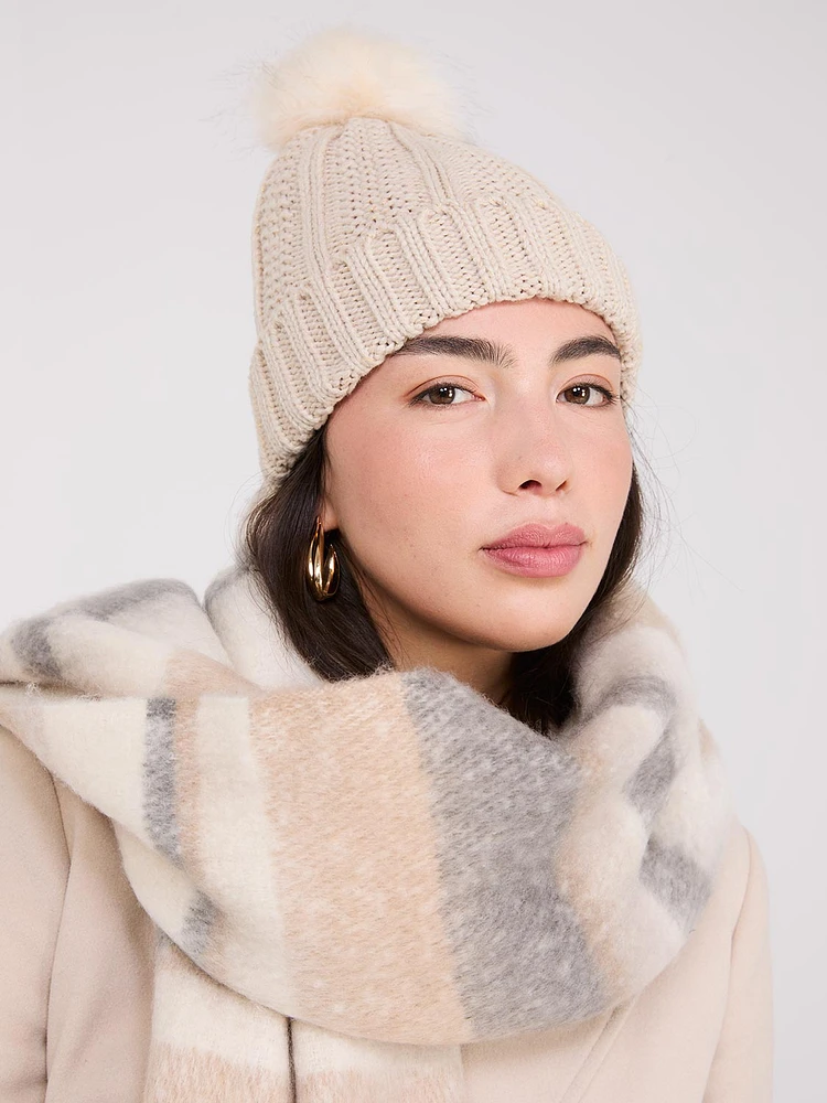 Metallic Beanie With Faux Fur Pom Pom