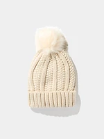 Metallic Beanie With Faux Fur Pom Pom