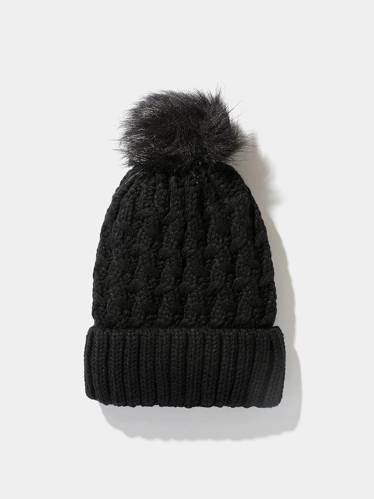 Cable Knit Hat With Faux Fur Pom Pom