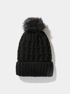 Cable Knit Hat With Faux Fur Pom Pom