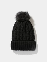 Cable Knit Hat With Faux Fur Pom Pom