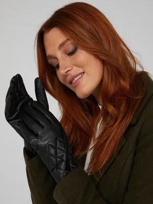 Quilted Faux Leather Gloves, Black /