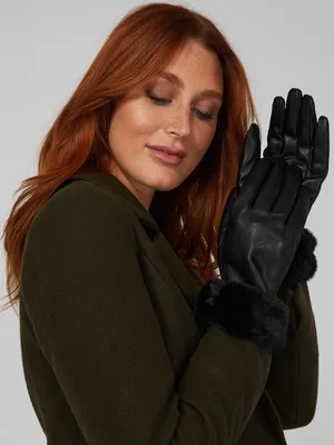 Faux Leather Gloves With Fur, Black /