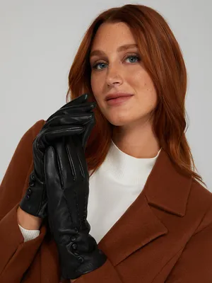 Faux Leather Gloves With Button Details, Black /