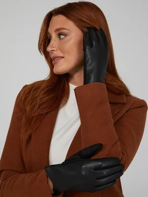 Velvet-Lined Faux Leather Gloves, Black /