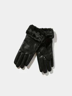 Faux Leather Gloves With Faux Fur