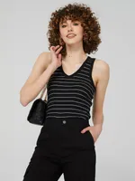 Striped Jersey Ribbed V-Neck Tank Top, Black /