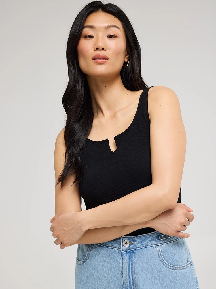 Notch Neck Ribbed Tank Top