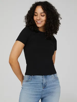 Cropped Ribbed Crew Neck T-Shirt, /