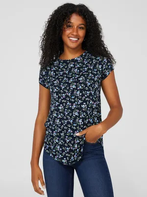 Floral Print Raglan Sleeve Top With Rounded Hem, Darkness /