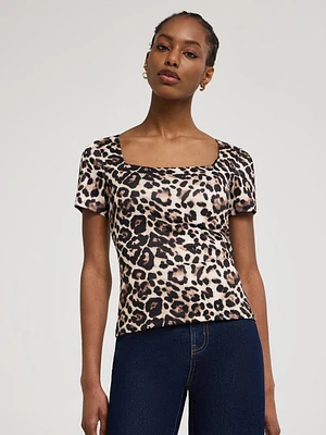 T-shirt à col carré et imprimé animal double épaisseur