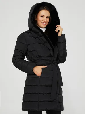 Hooded Puffer Coat With Faux Fur Collar, Black /