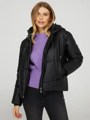 Faux Leather Waisted Puffer, Black /