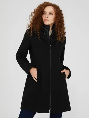 Collared Coat With Faux Leather Details, Black /