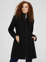 Collared Coat With Faux Leather Details, Black /